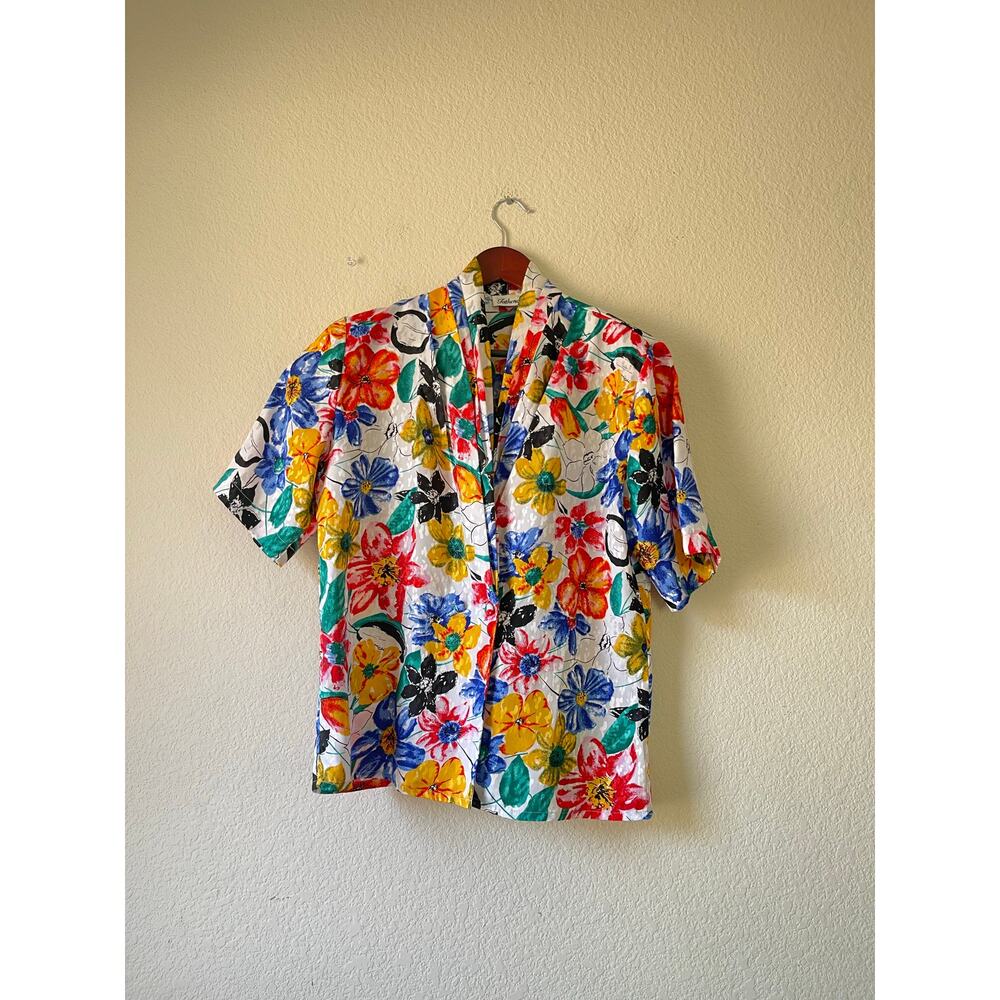 Vintage floral bright colorful button up sheen blouse size large